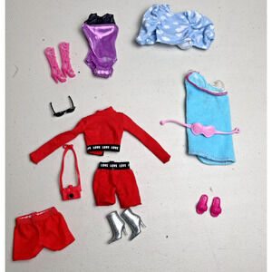 Barbie Doll Clothes Outfit Shoes Purse Camera Eye Mask Towel Wrap 15 piece lot
